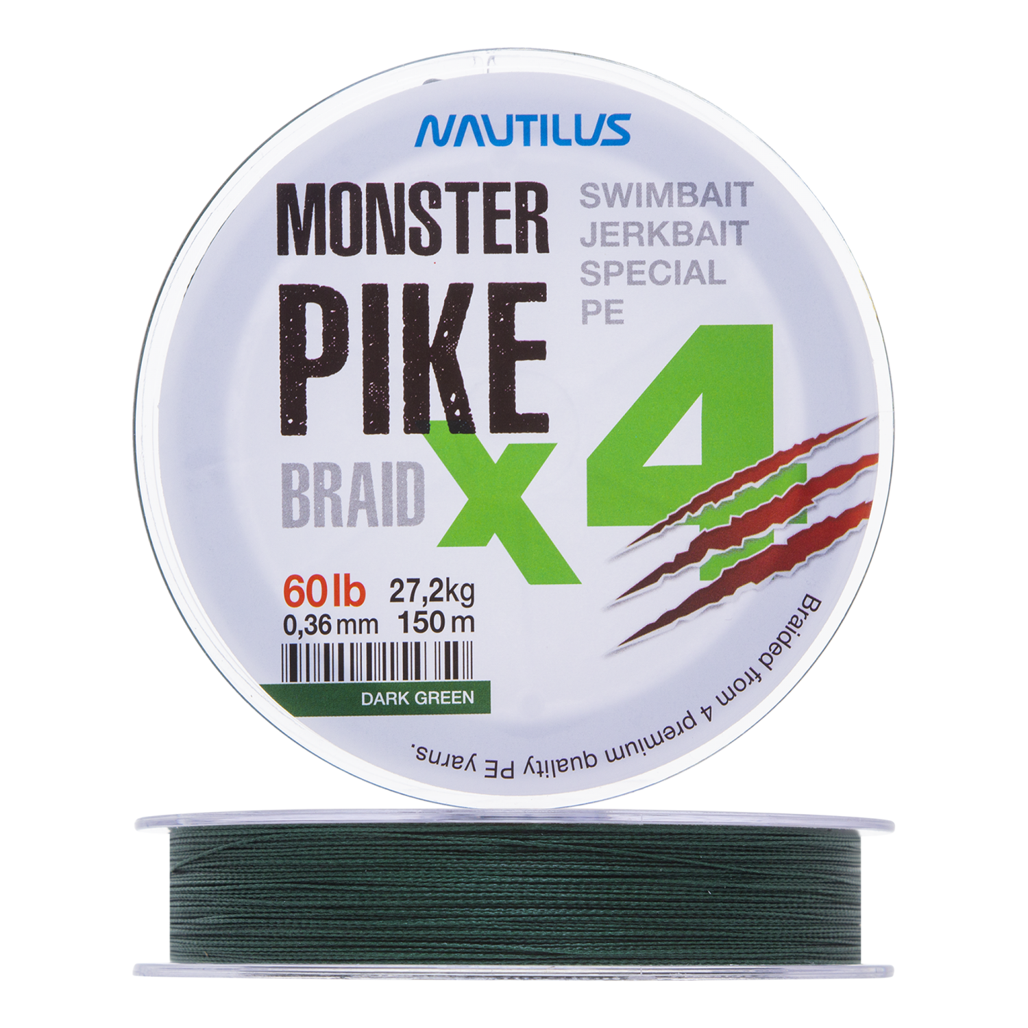 Шнур плетеный Nautilus Monster Pike Braid X4 0,36мм 150м (dark green)