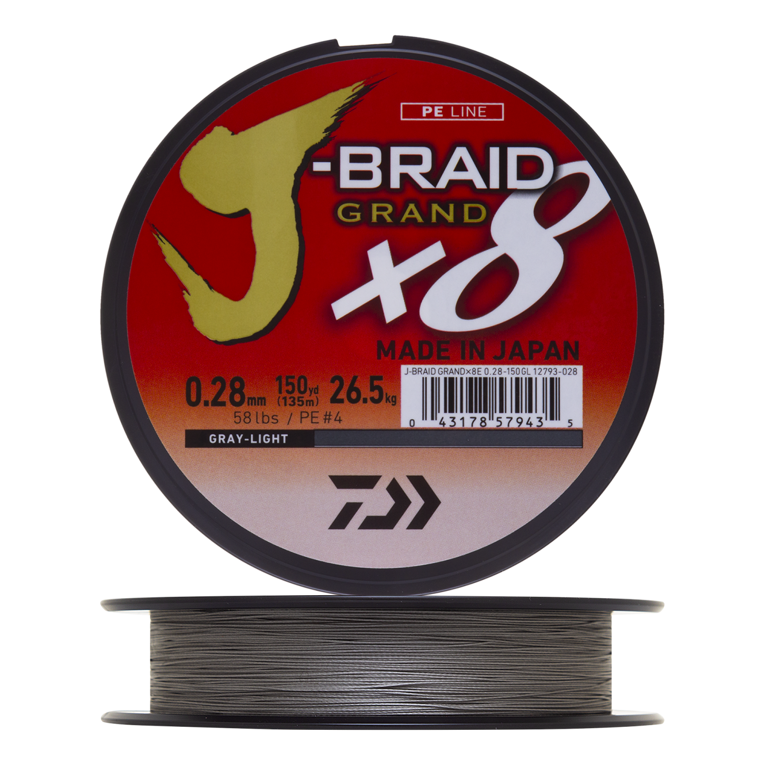 Шнур плетеный Daiwa J-Braid Grand X8 #4 0,28мм 135м (gray-light)