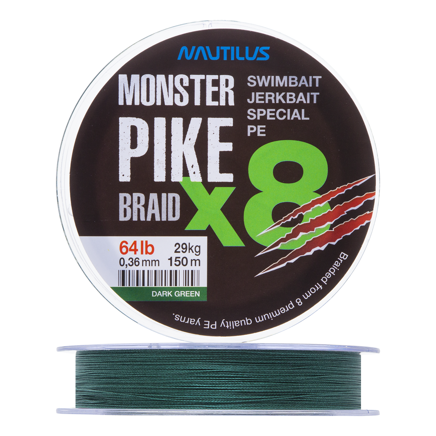 Шнур плетеный Nautilus Monster Pike Braid X8 0,36мм 150м (dark green)